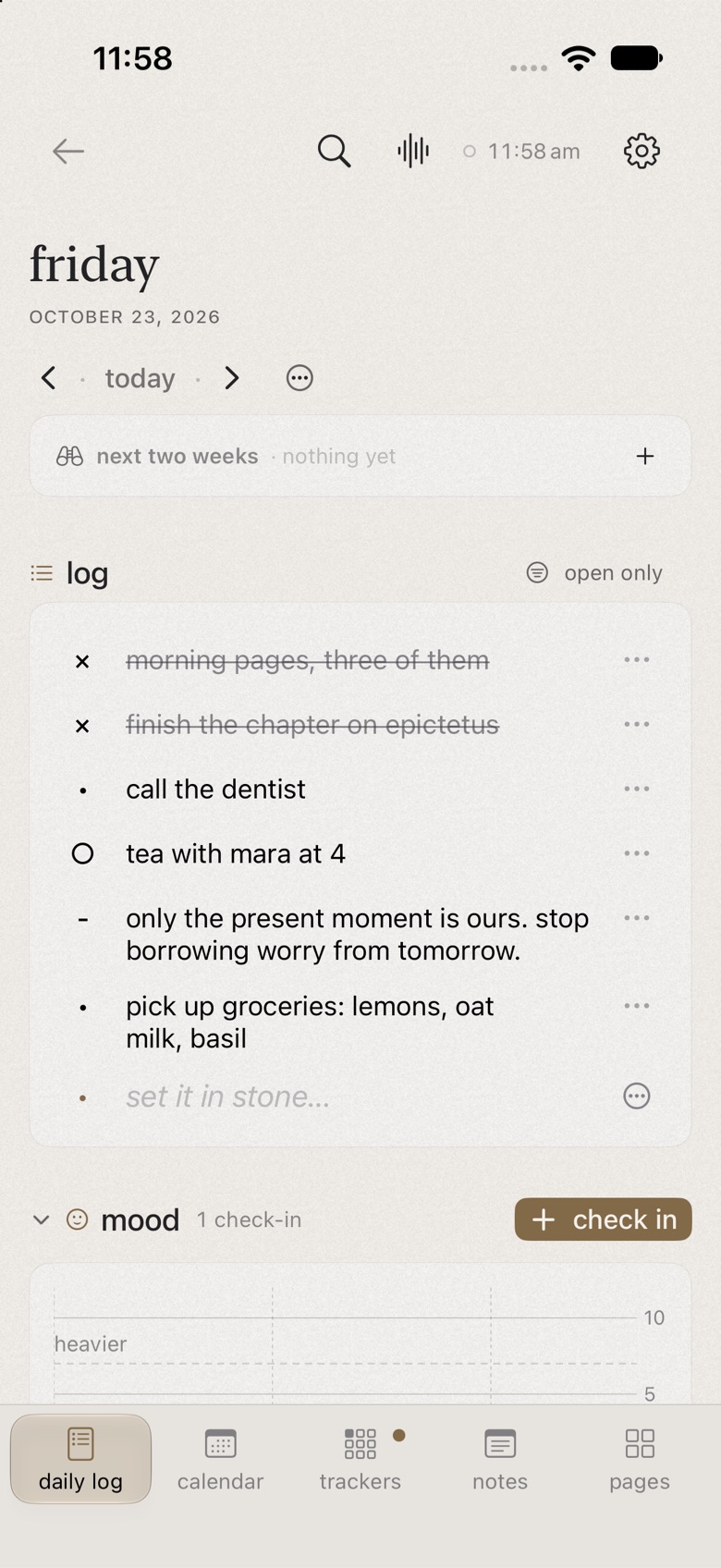 tabula on iphone: today's log and trackers