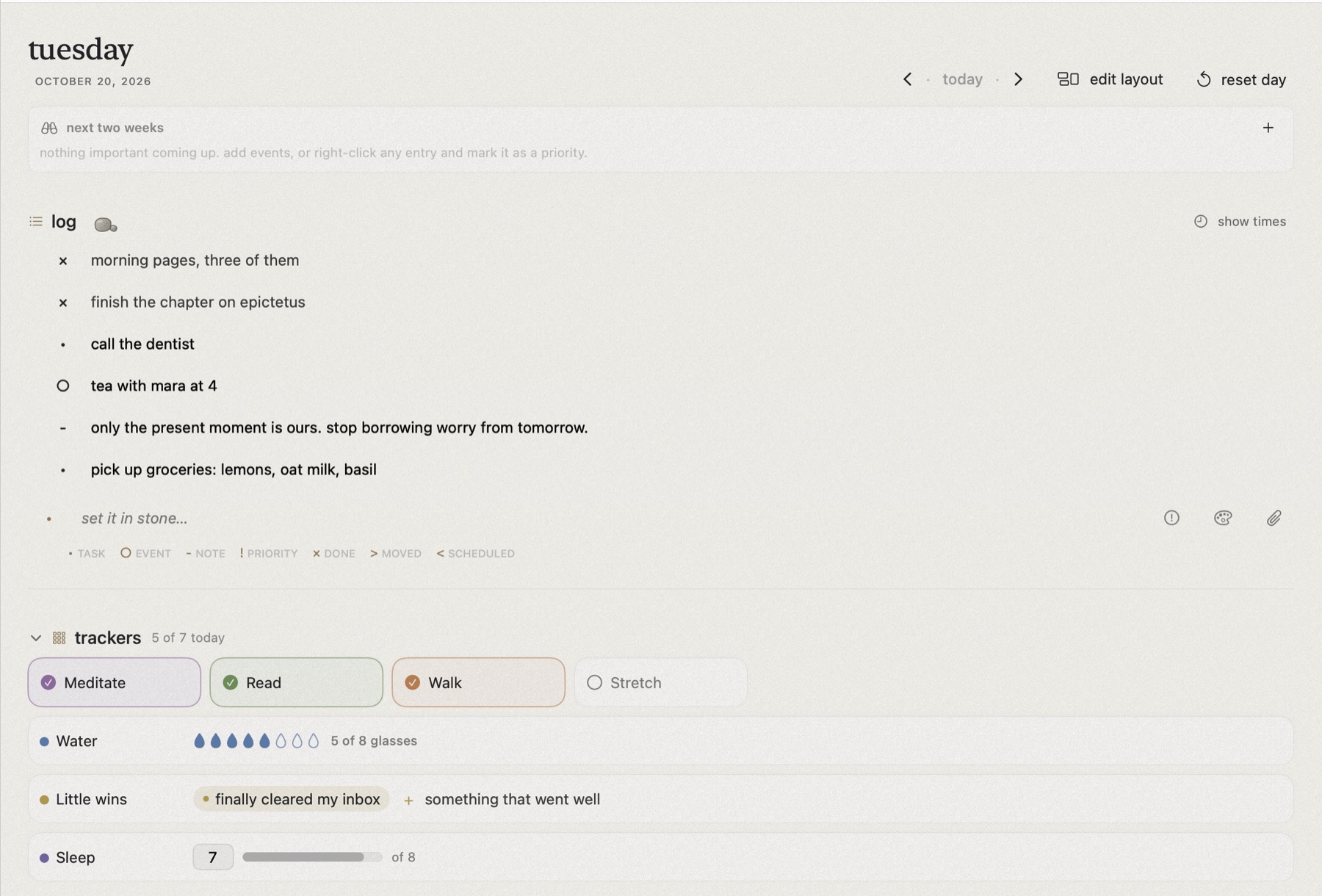 the daily log on mac, with tasks, events, notes and trackers