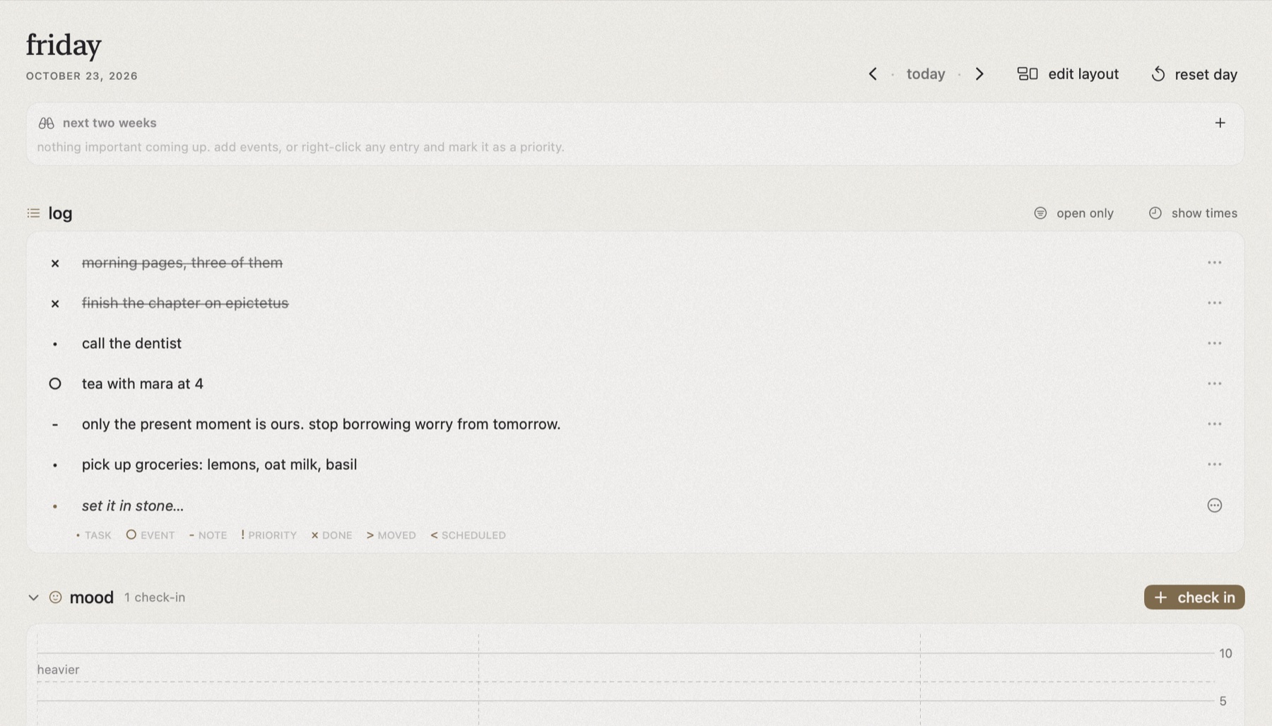 tabula on mac: today's log with tasks, events, and notes